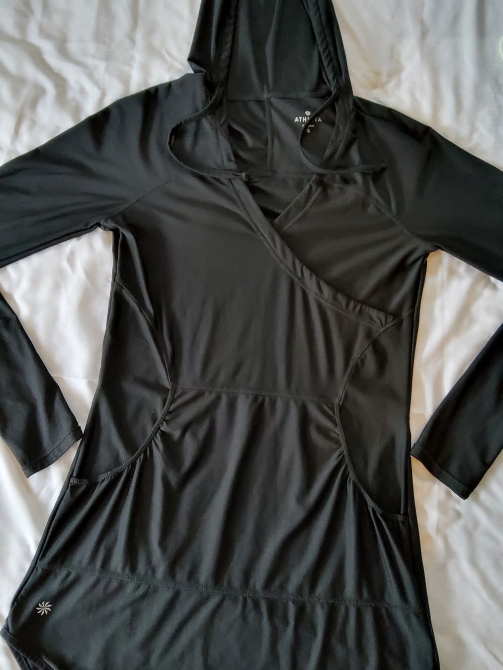 Athleta Black Hooded Active Tunic Dress with Front Pockets Small